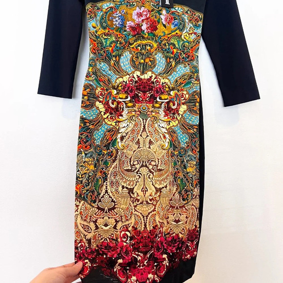 Just Cavalli Black Geometric Floral Designer Colorblock Bodycon Mini Dress XS - Picture 3 of 12